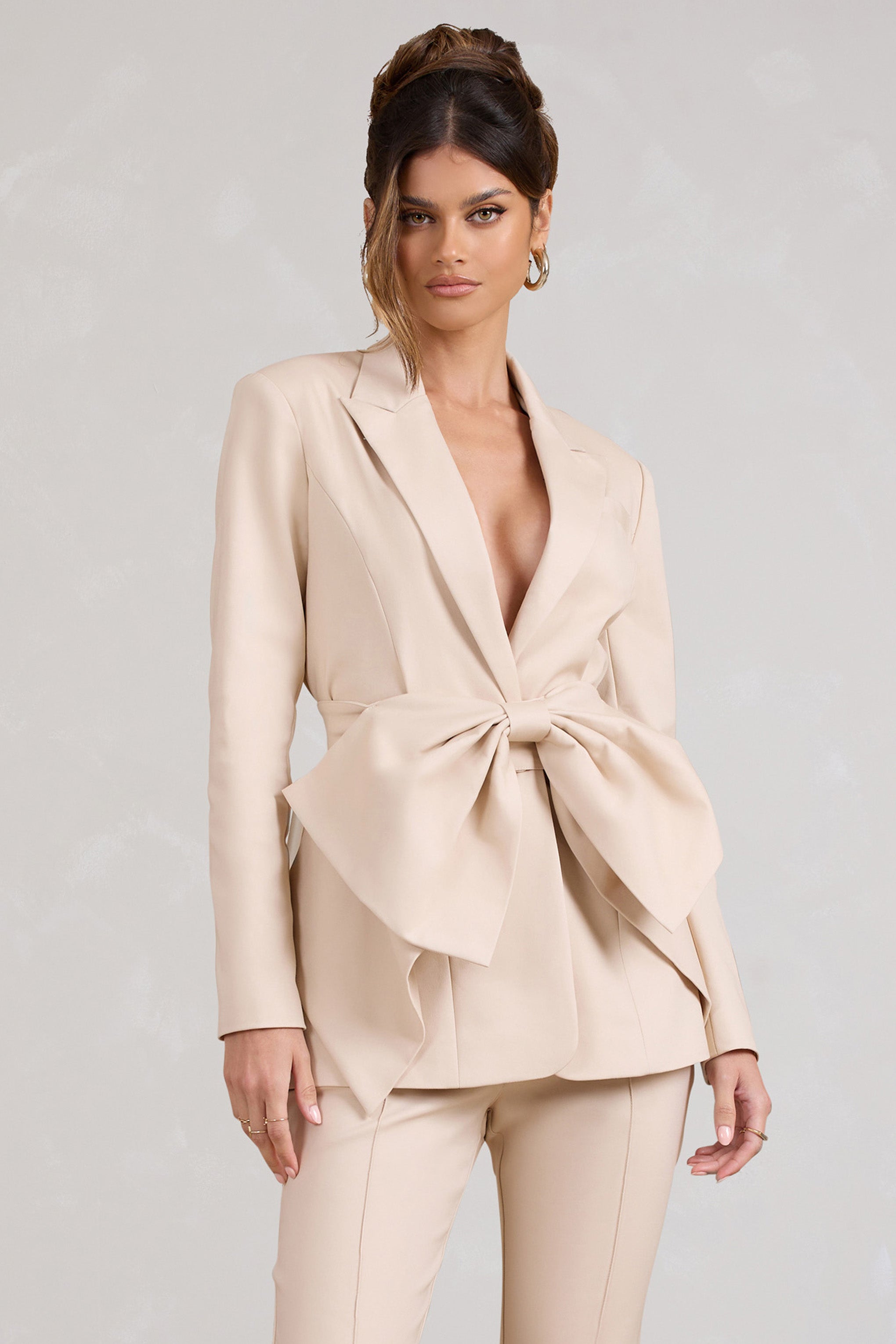 Gifted Stone Plunge Blazer With Statement Bow-Fashionmomo.All Rights Reserved