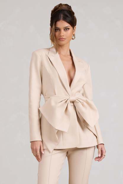 Gifted Stone Plunge Blazer With Statement Bow-Fashionmomo.All Rights Reserved