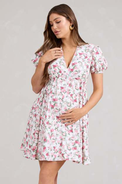 By The Cypress Pink Floral Maternity V-Neck Puff-Sleeved Buttoned Mini Dress-Fashionmomo.All Rights Reserved