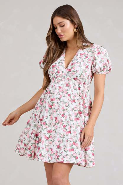 By The Cypress Pink Floral Maternity V-Neck Puff-Sleeved Buttoned Mini Dress-Fashionmomo.All Rights Reserved