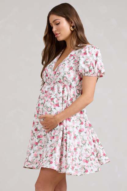 By The Cypress Pink Floral Maternity V-Neck Puff-Sleeved Buttoned Mini Dress-Fashionmomo.All Rights Reserved