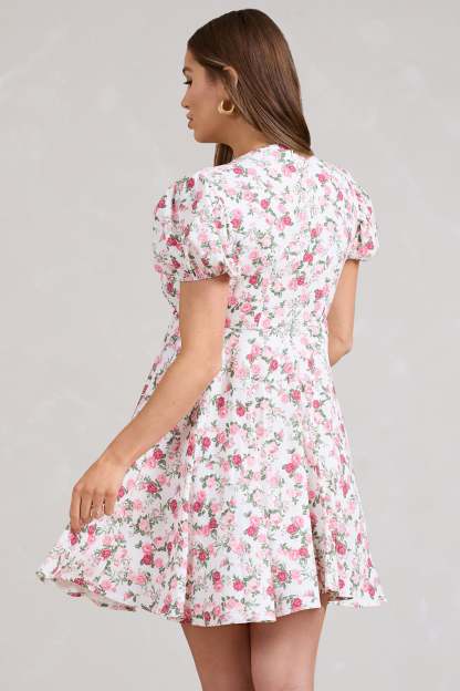 By The Cypress Pink Floral Maternity V-Neck Puff-Sleeved Buttoned Mini Dress-Fashionmomo.All Rights Reserved