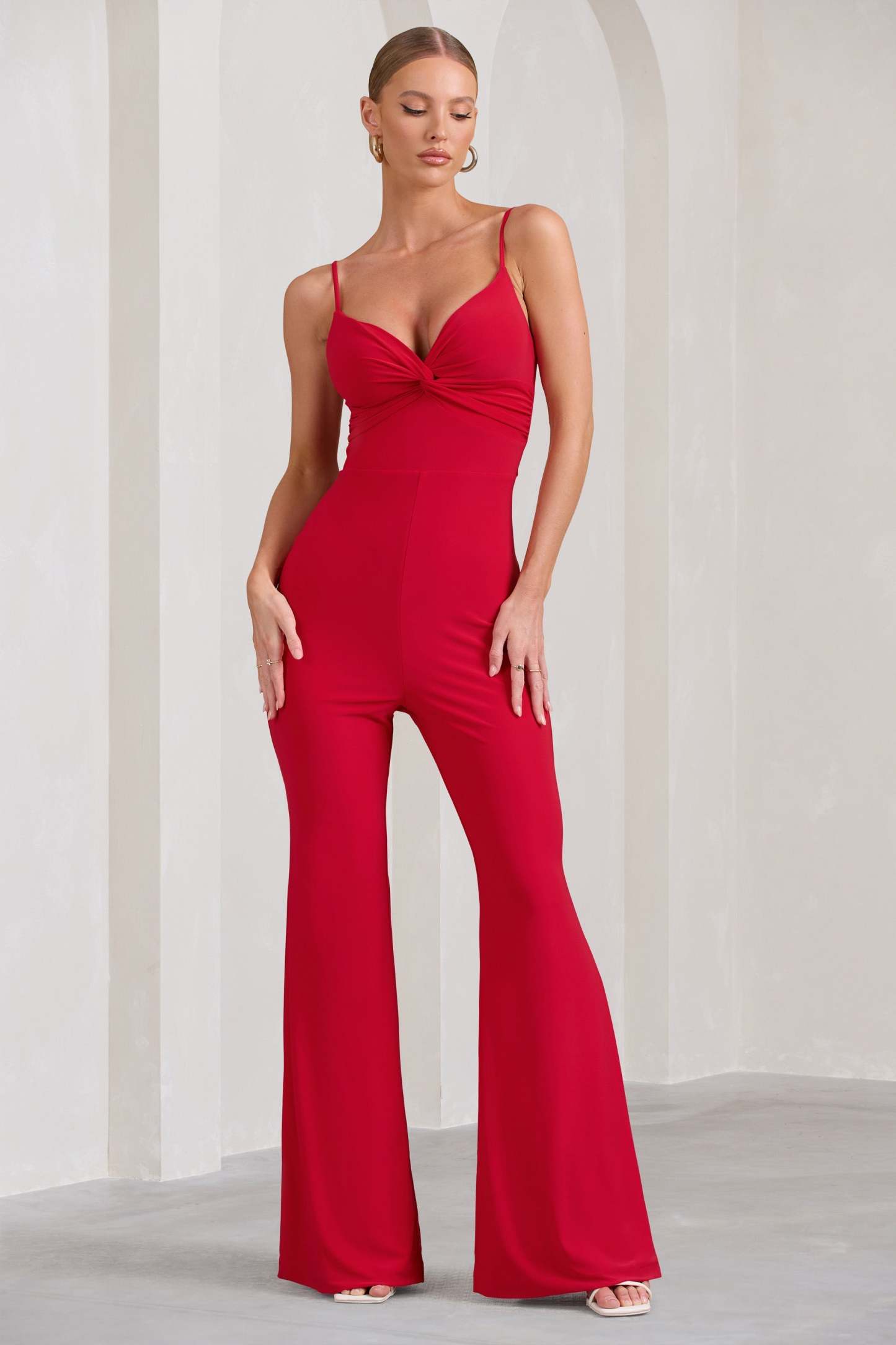 Aspiration Red Knot Detail Ruched Jumpsuit-Fashionmomo.All Rights Reserved