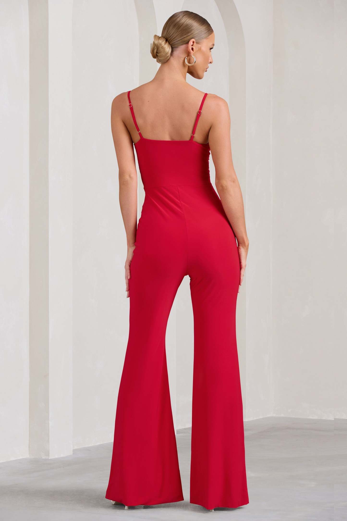 Aspiration Red Knot Detail Ruched Jumpsuit-Fashionmomo.All Rights Reserved