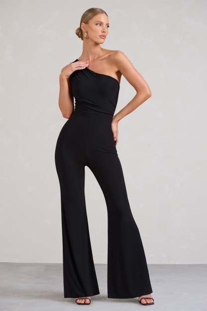 Gabby Black One Shoulder Jumpsuit-Fashionmomo.All Rights Reserved