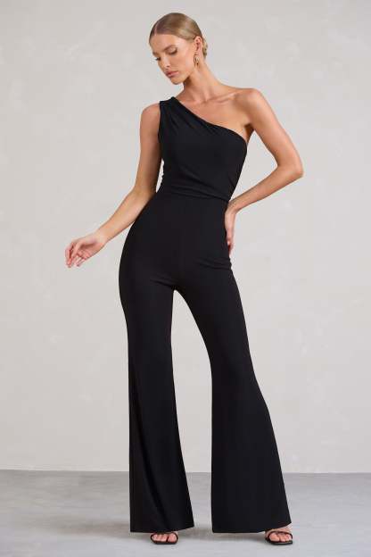 Gabby Black One Shoulder Jumpsuit-Fashionmomo.All Rights Reserved