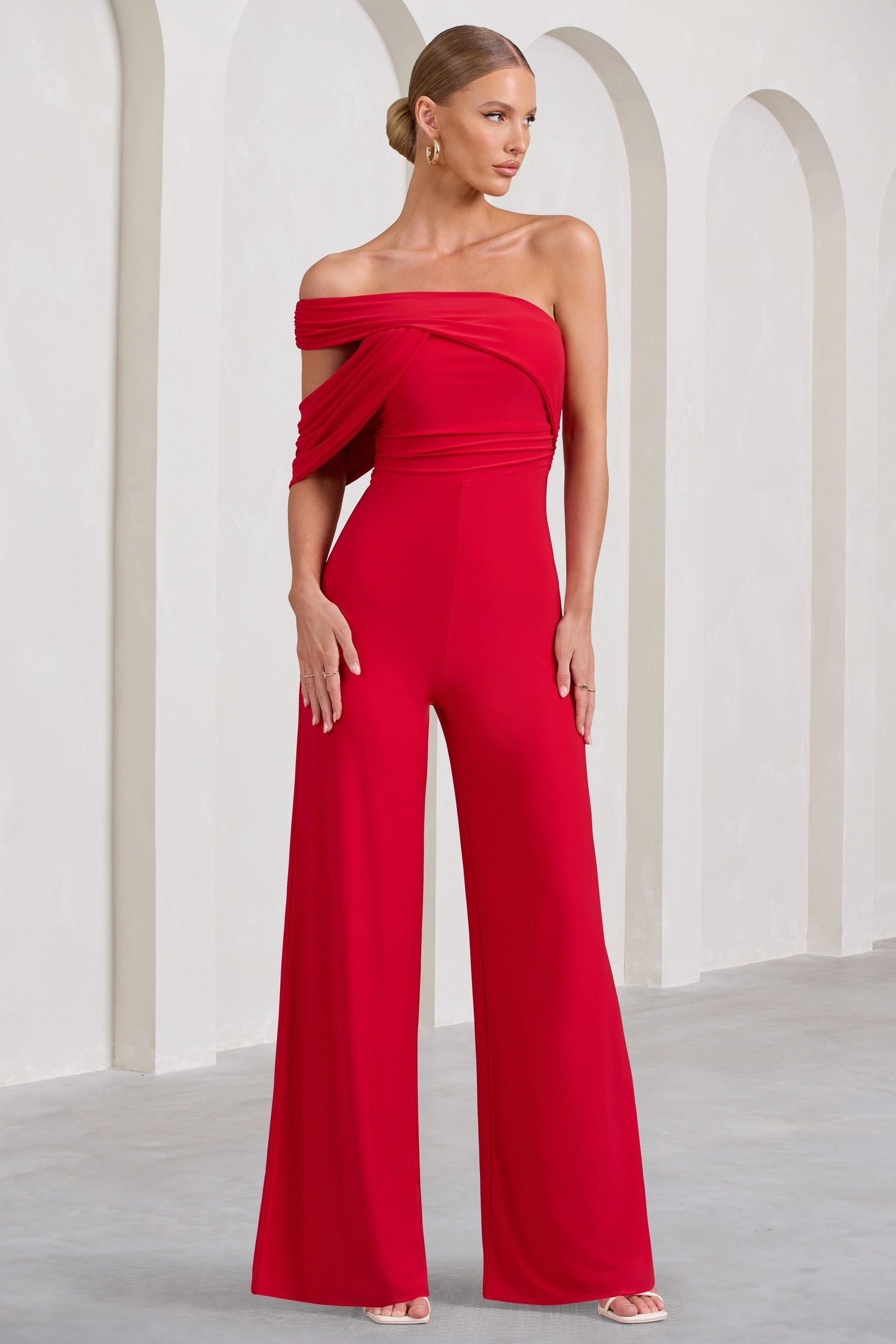 Candy Red Asymmetric One Shoulder Ruched Jumpsuit-Fashionmomo.All Rights Reserved