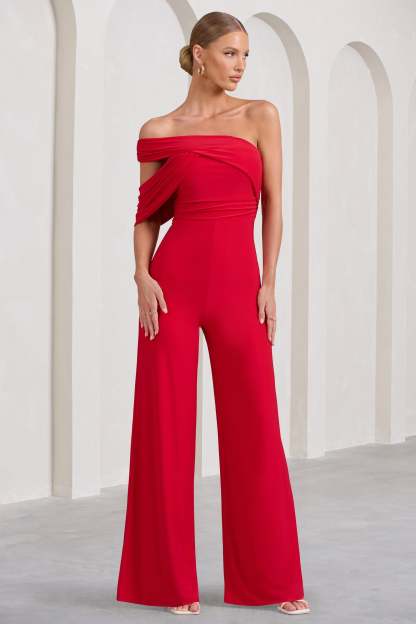 Candy Red Asymmetric One Shoulder Ruched Jumpsuit-Fashionmomo.All Rights Reserved