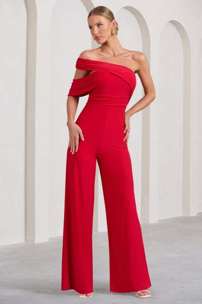 Candy Red Asymmetric One Shoulder Ruched Jumpsuit-Fashionmomo.All Rights Reserved