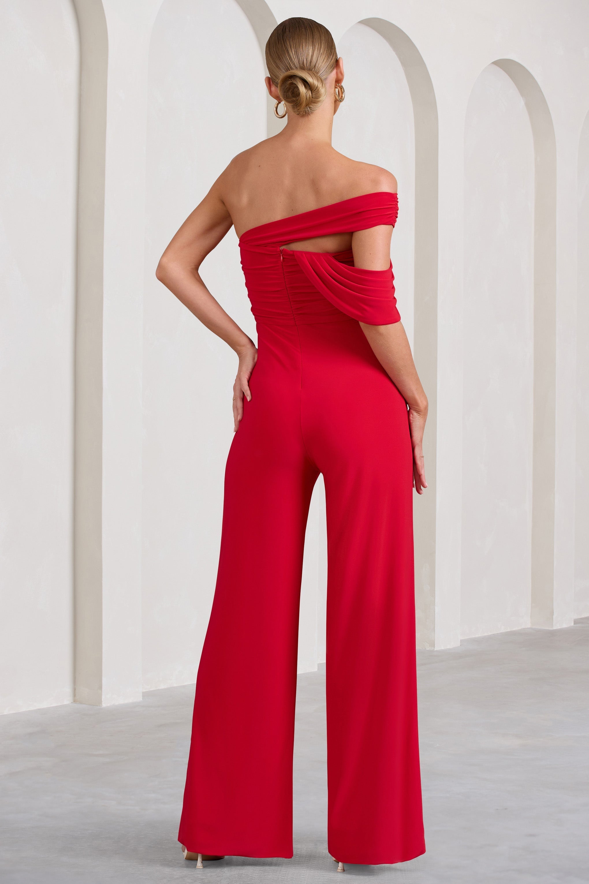 Candy Red Asymmetric One Shoulder Ruched Jumpsuit-Fashionmomo.All Rights Reserved