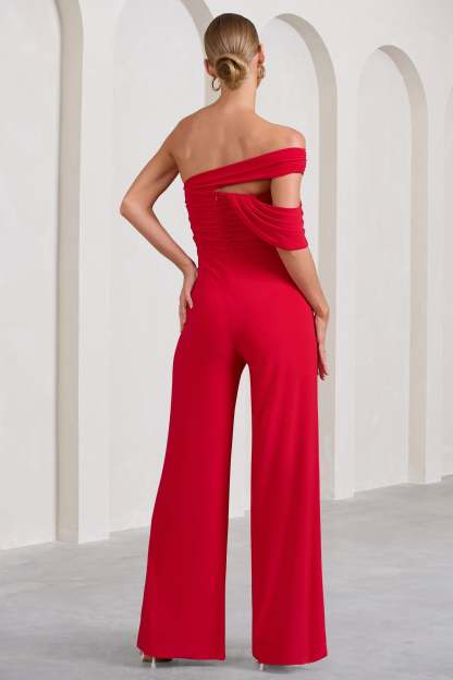 Candy Red Asymmetric One Shoulder Ruched Jumpsuit-Fashionmomo.All Rights Reserved