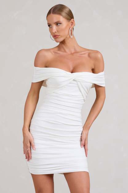 Appreciate White Off The Shoulder Ruched Mini Dress-Fashionmomo.All Rights Reserved