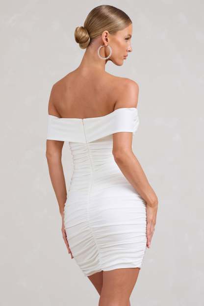 Appreciate White Off The Shoulder Ruched Mini Dress-Fashionmomo.All Rights Reserved