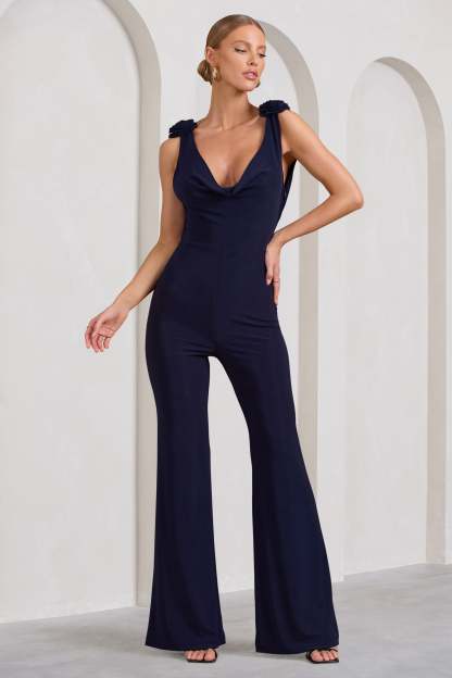 Posy Navy Cowl-Neck Jumpsuit With Corsages And Lace Detail-Fashionmomo.All Rights Reserved