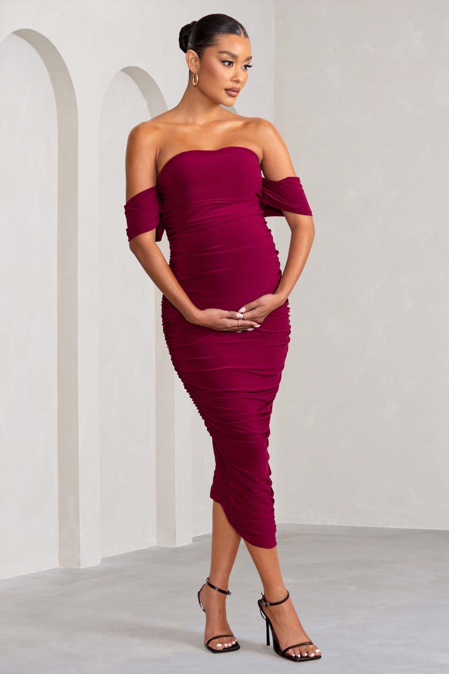 Plus One Berry Maternity Ruched Bardot Midi Dress-Fashionmomo.All Rights Reserved
