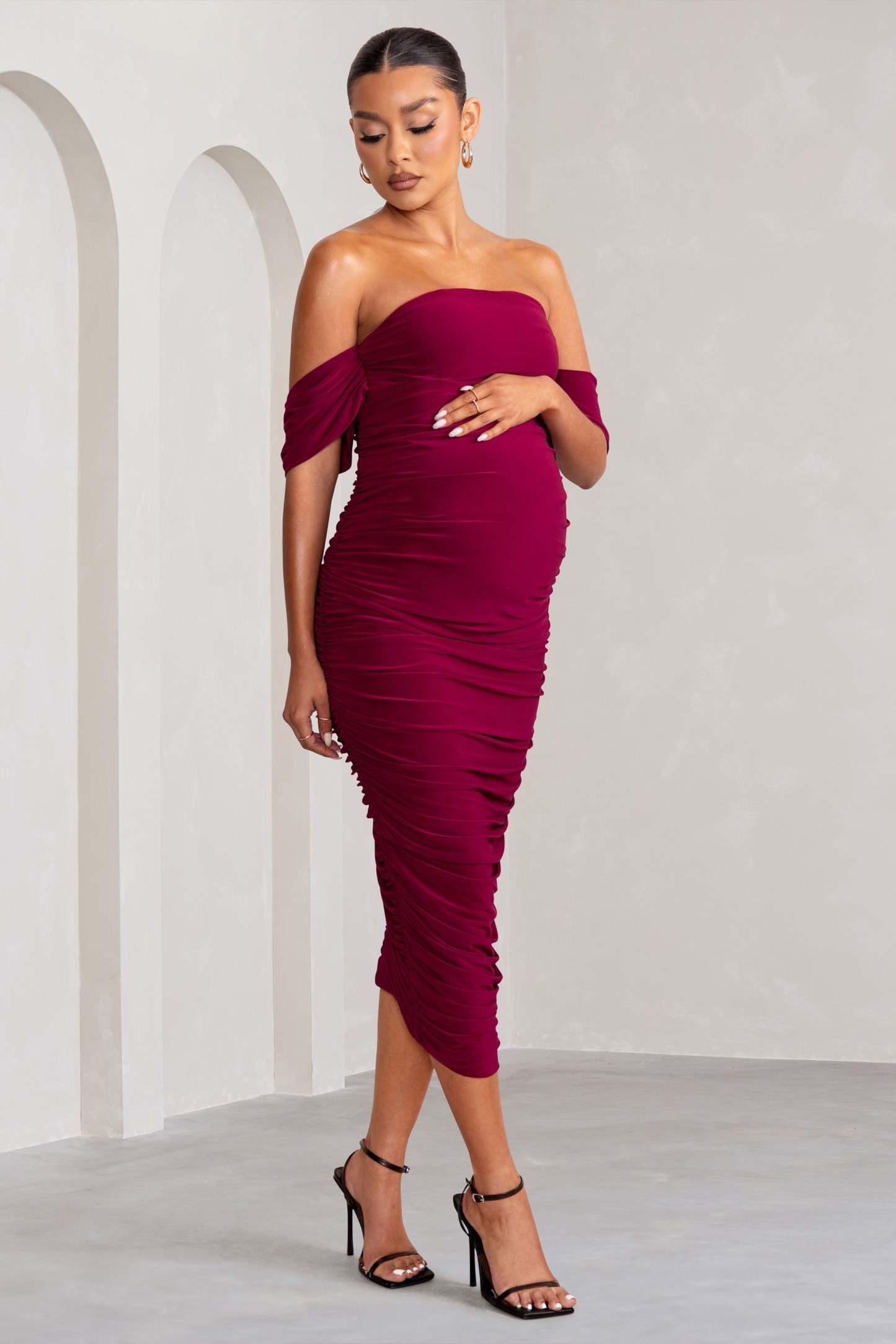 Plus One Berry Maternity Ruched Bardot Midi Dress-Fashionmomo.All Rights Reserved