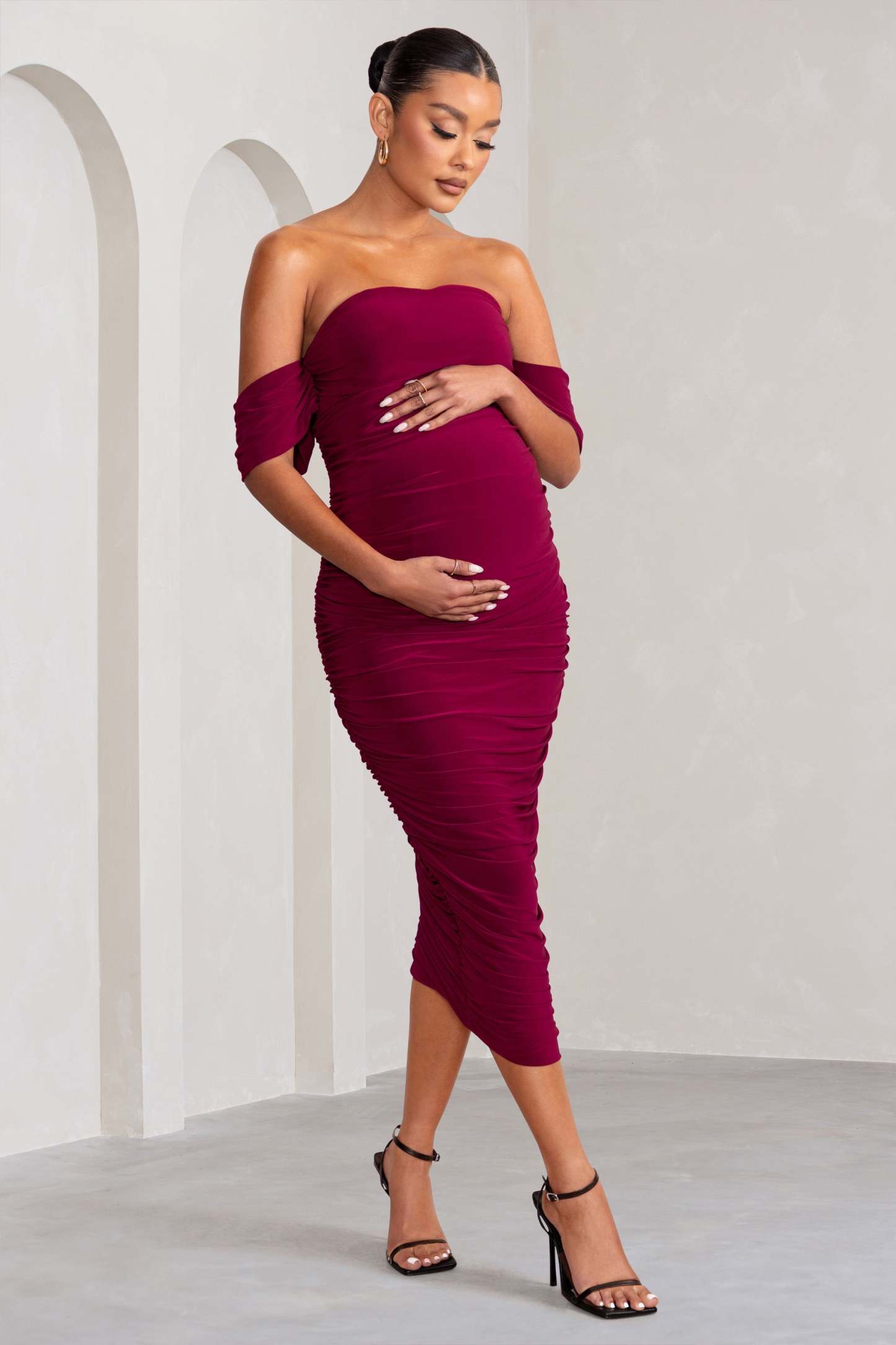 Plus One Berry Maternity Ruched Bardot Midi Dress-Fashionmomo.All Rights Reserved
