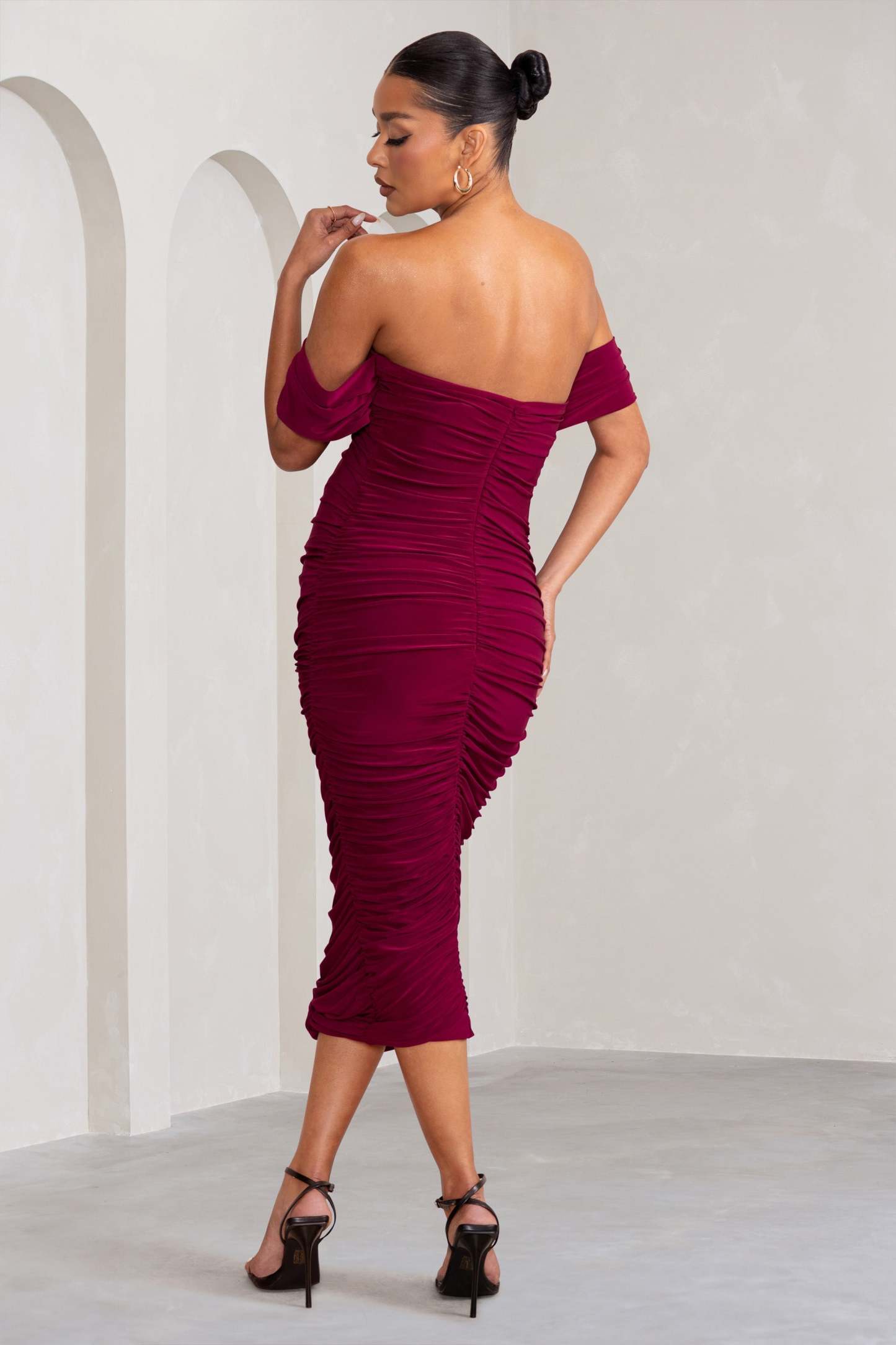 Plus One Berry Maternity Ruched Bardot Midi Dress-Fashionmomo.All Rights Reserved