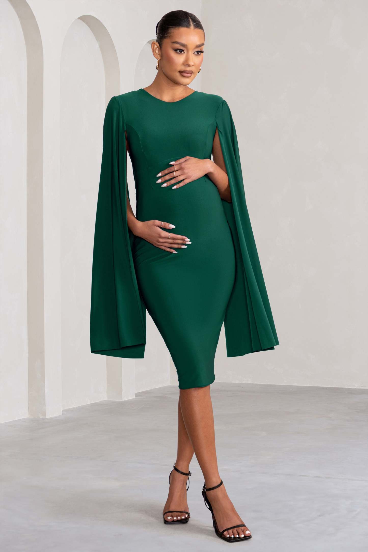 Hey Mama Bottle Green Maternity Cape Midi Dress-Fashionmomo.All Rights Reserved
