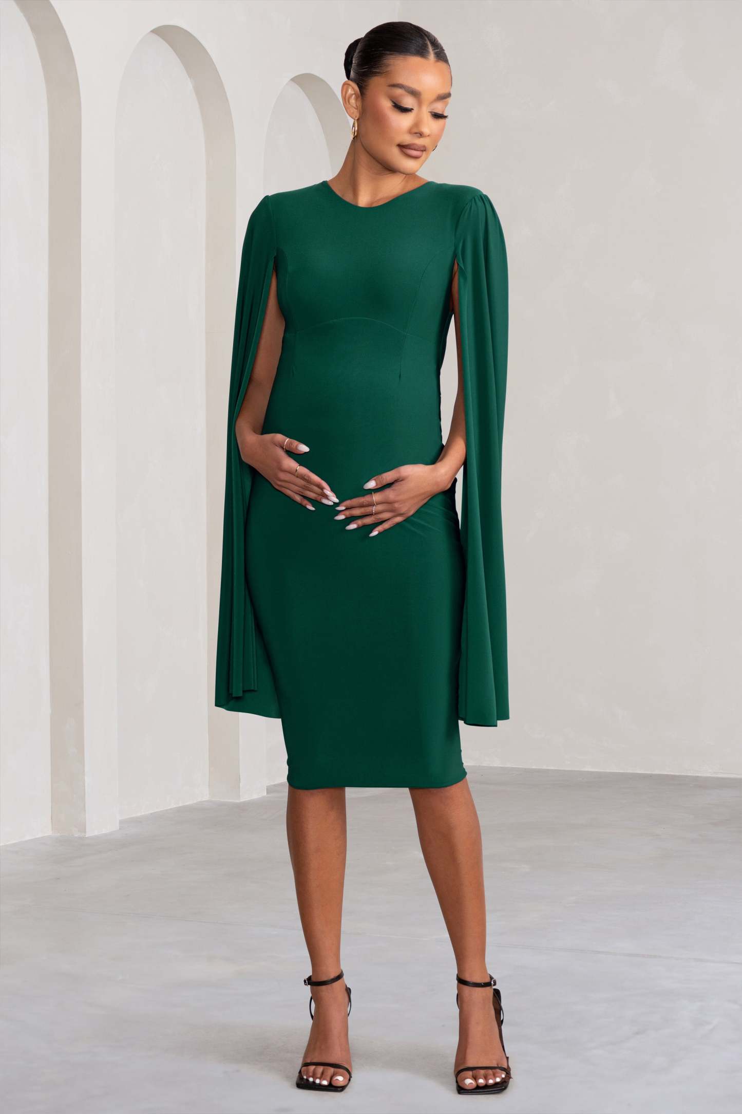 Hey Mama Bottle Green Maternity Cape Midi Dress-Fashionmomo.All Rights Reserved