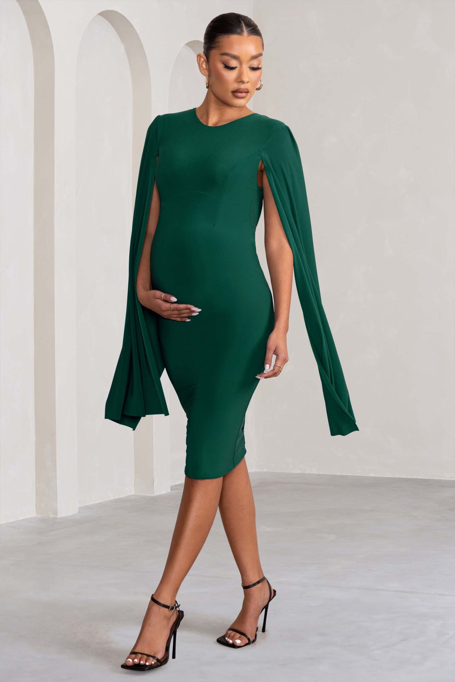 Hey Mama Bottle Green Maternity Cape Midi Dress-Fashionmomo.All Rights Reserved