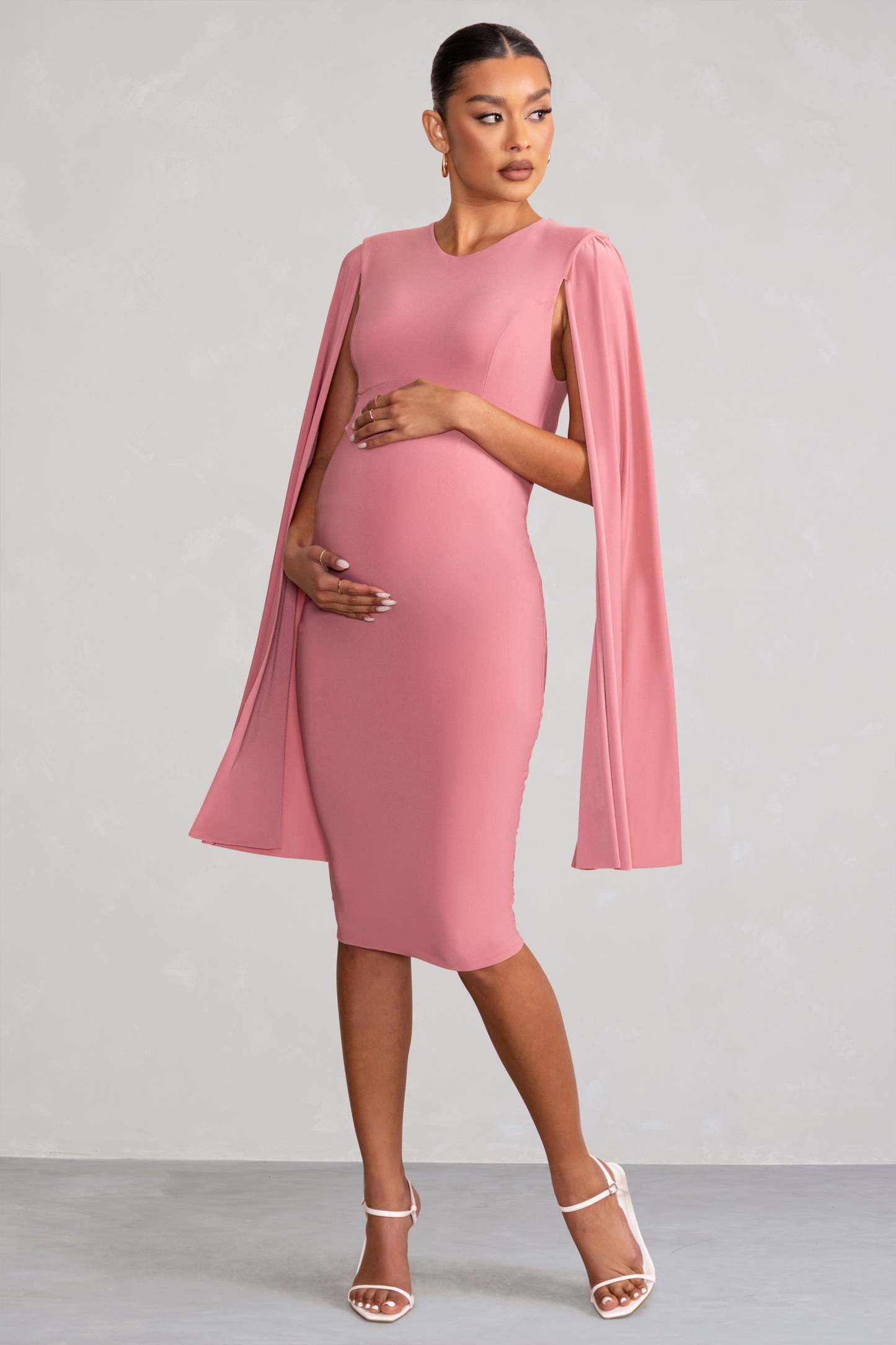 Hey Mama Dusty Rose Maternity Cape Midi Dress-Fashionmomo.All Rights Reserved