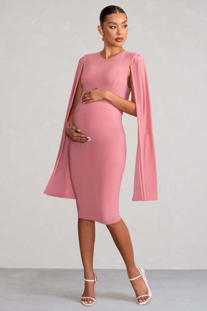 Hey Mama Dusty Rose Maternity Cape Midi Dress-Fashionmomo.All Rights Reserved