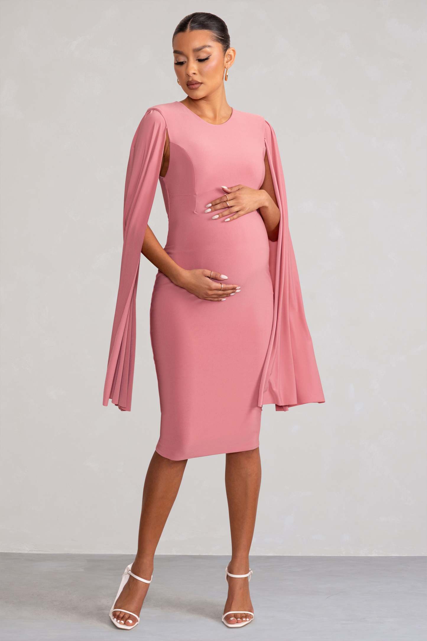 Hey Mama Dusty Rose Maternity Cape Midi Dress-Fashionmomo.All Rights Reserved