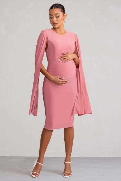 Hey Mama Dusty Rose Maternity Cape Midi Dress-Fashionmomo.All Rights Reserved