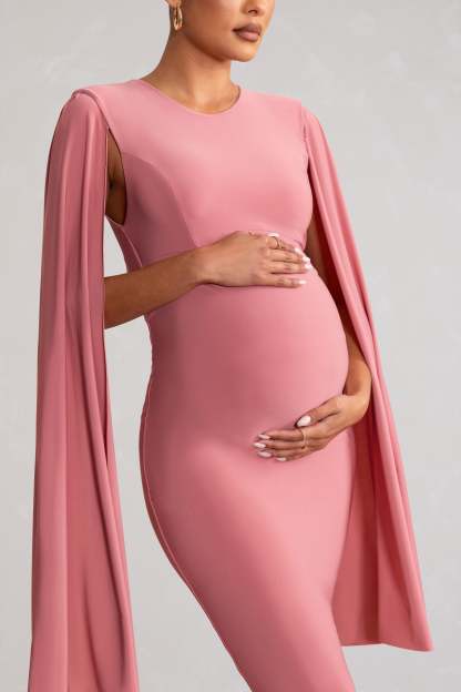 Hey Mama Dusty Rose Maternity Cape Midi Dress-Fashionmomo.All Rights Reserved