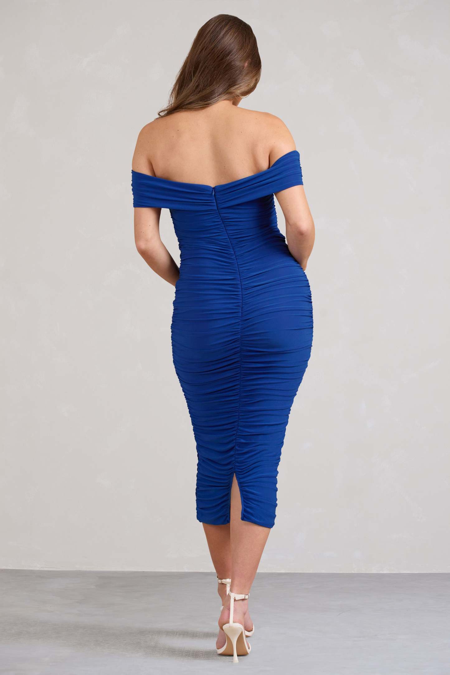 Perfection Cobalt Blue Off Shoulder Ruched Maternity Midi Dress-Fashionmomo.All Rights Reserved