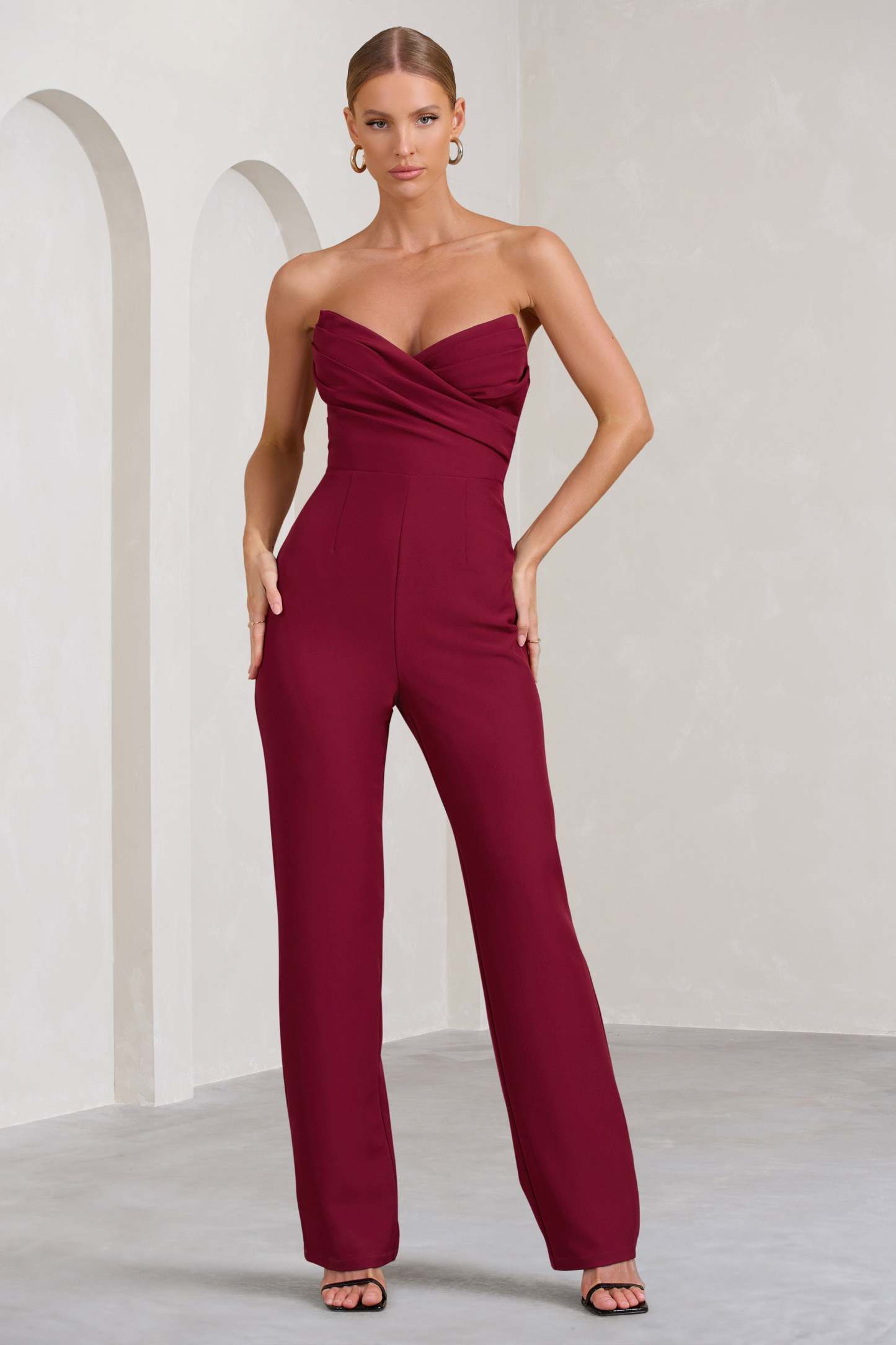 Bellezza Burgundy Bandeau Corset Wide Leg Jumpsuit-Fashionmomo.All Rights Reserved
