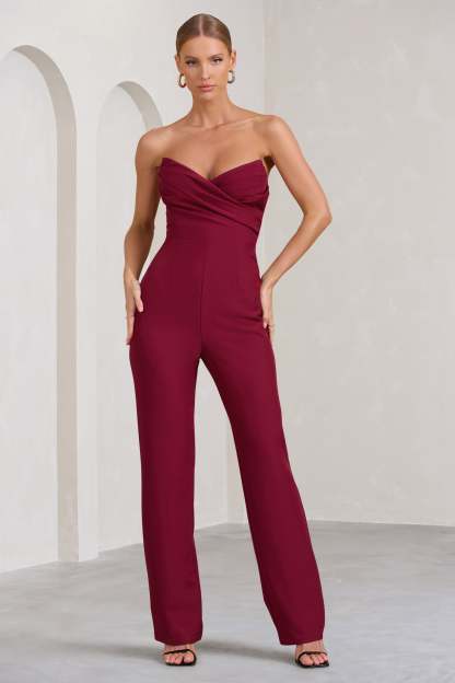 Bellezza Burgundy Bandeau Corset Wide Leg Jumpsuit-Fashionmomo.All Rights Reserved