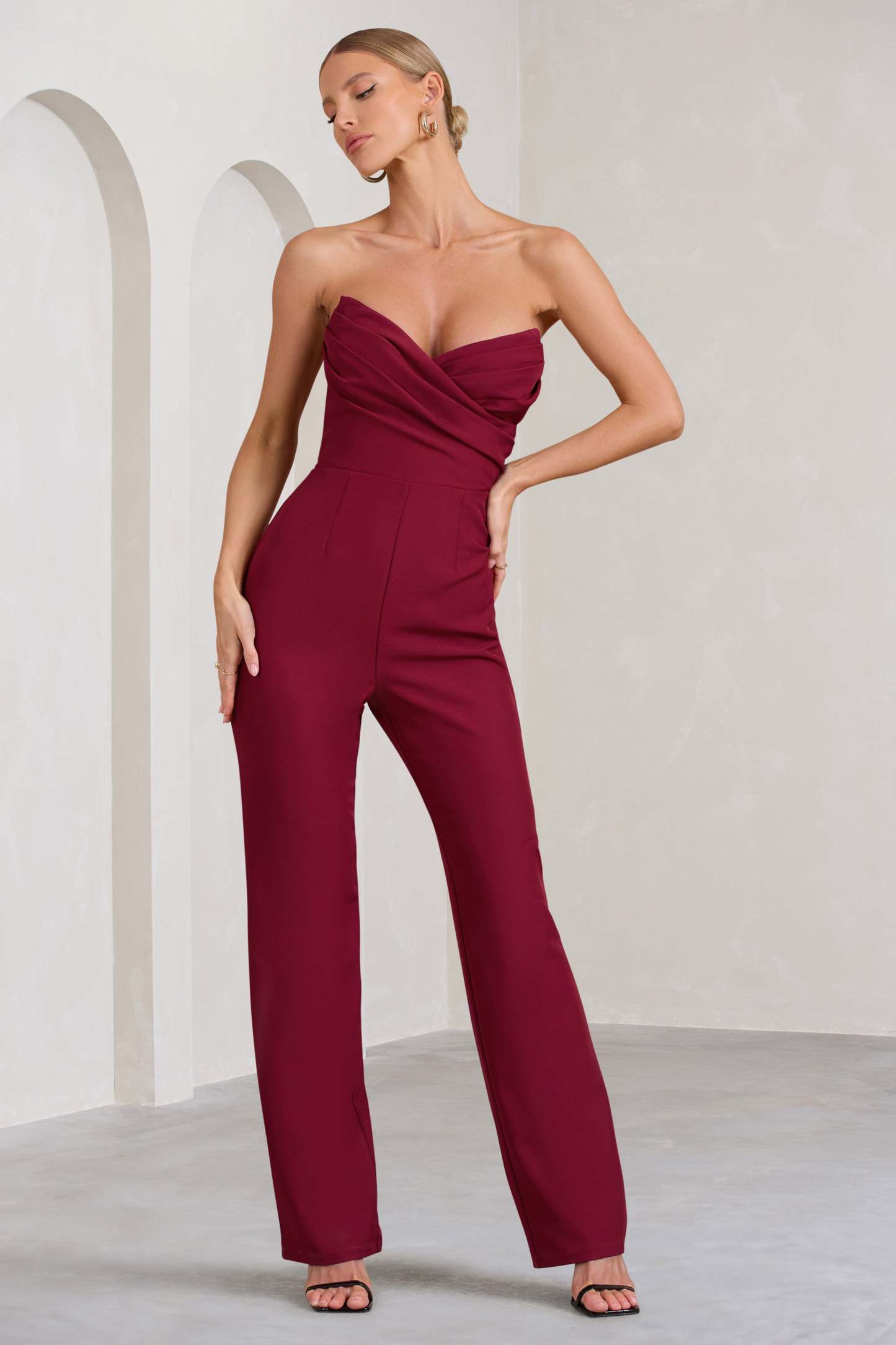 Bellezza Burgundy Bandeau Corset Wide Leg Jumpsuit-Fashionmomo.All Rights Reserved
