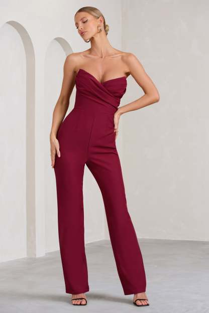 Bellezza Burgundy Bandeau Corset Wide Leg Jumpsuit-Fashionmomo.All Rights Reserved