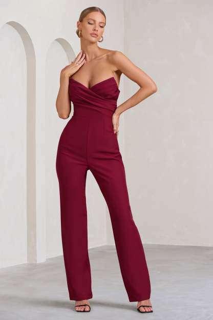 Bellezza Burgundy Bandeau Corset Wide Leg Jumpsuit-Fashionmomo.All Rights Reserved