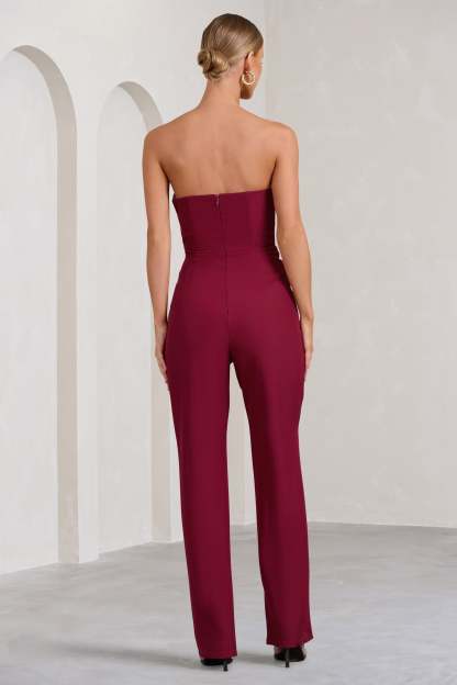 Bellezza Burgundy Bandeau Corset Wide Leg Jumpsuit-Fashionmomo.All Rights Reserved