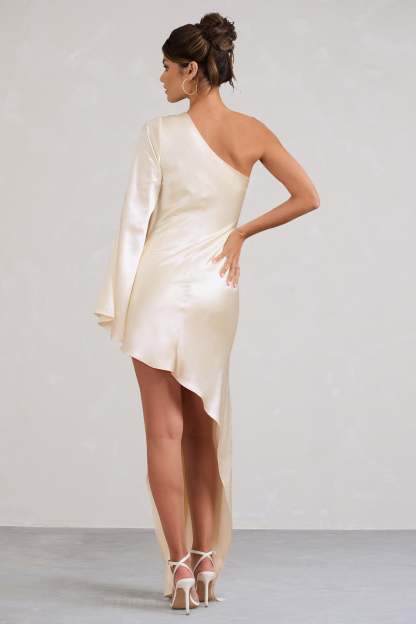 Hanna Cream Asymmetric Draped Satin Mini Dress-Fashionmomo.All Rights Reserved