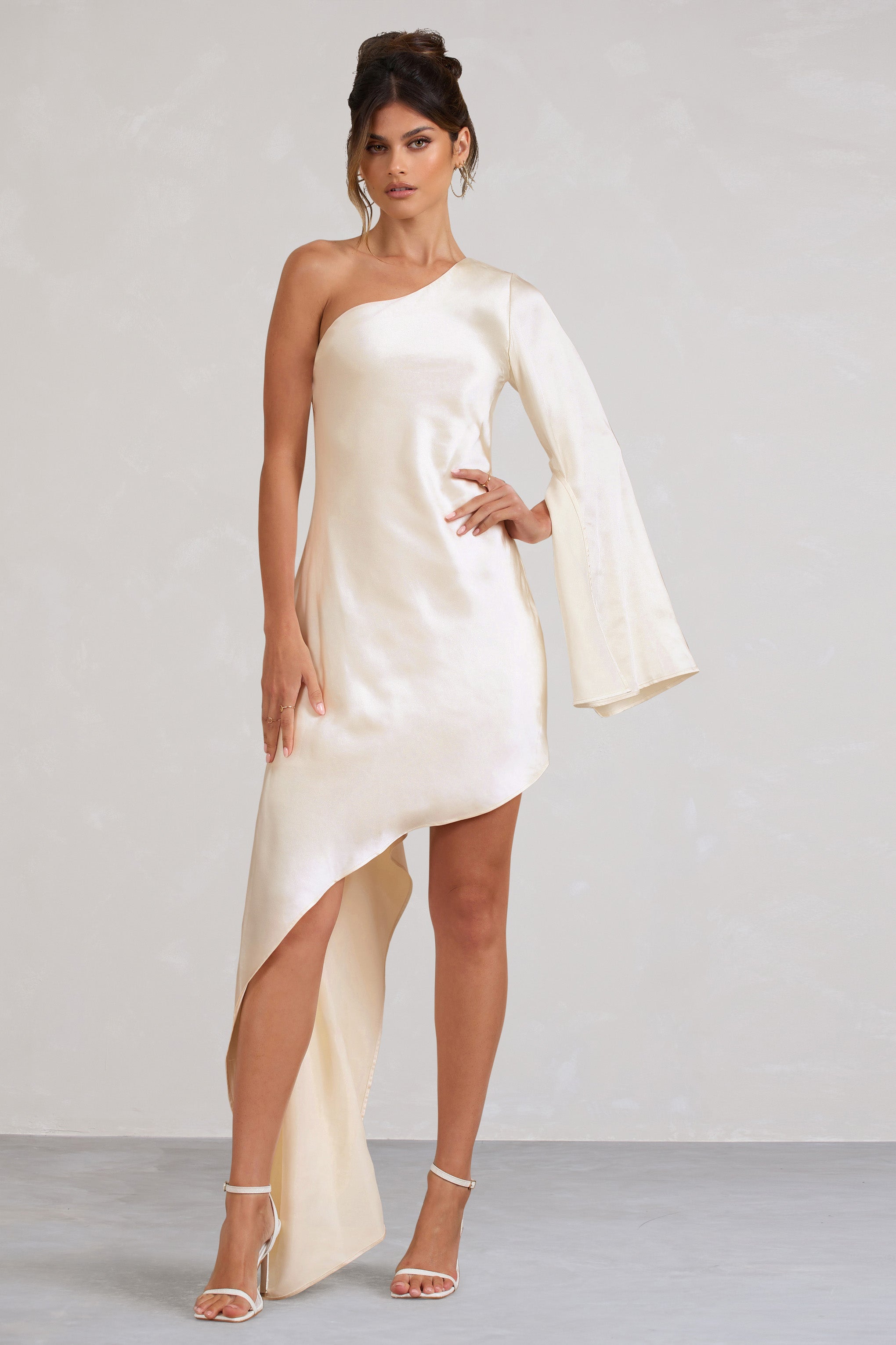 Hanna Cream Asymmetric Draped Satin Mini Dress-Fashionmomo.All Rights Reserved