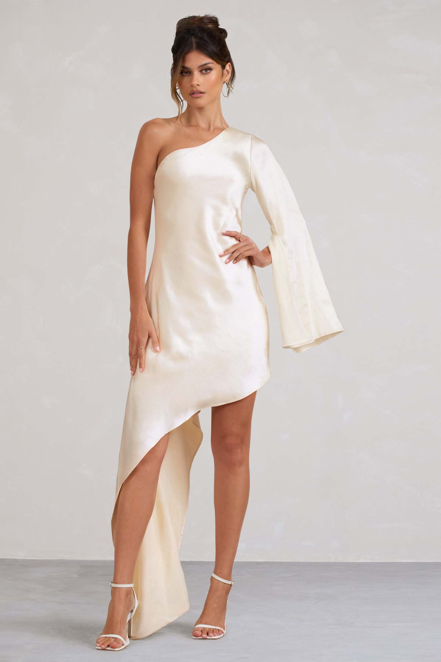 Hanna Cream Asymmetric Draped Satin Mini Dress-Fashionmomo.All Rights Reserved