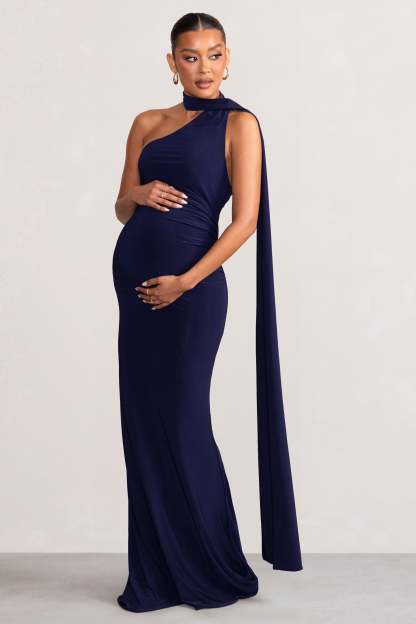 Alula Navy Maternity Asymmetric Maxi Dress with Cape Detailing-Fashionmomo.All Rights Reserved