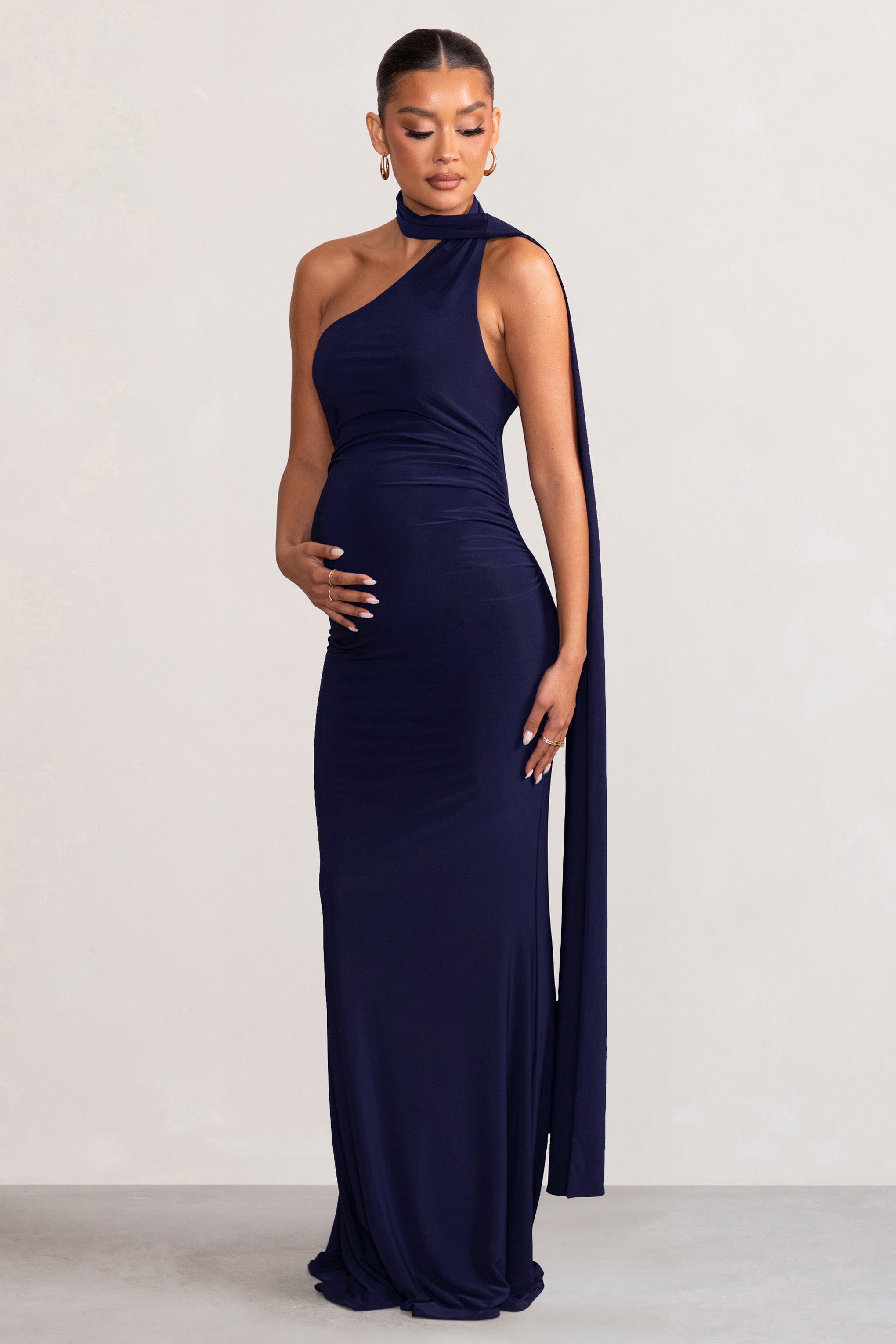 Alula Navy Maternity Asymmetric Maxi Dress with Cape Detailing-Fashionmomo.All Rights Reserved