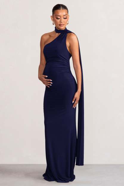 Alula Navy Maternity Asymmetric Maxi Dress with Cape Detailing-Fashionmomo.All Rights Reserved