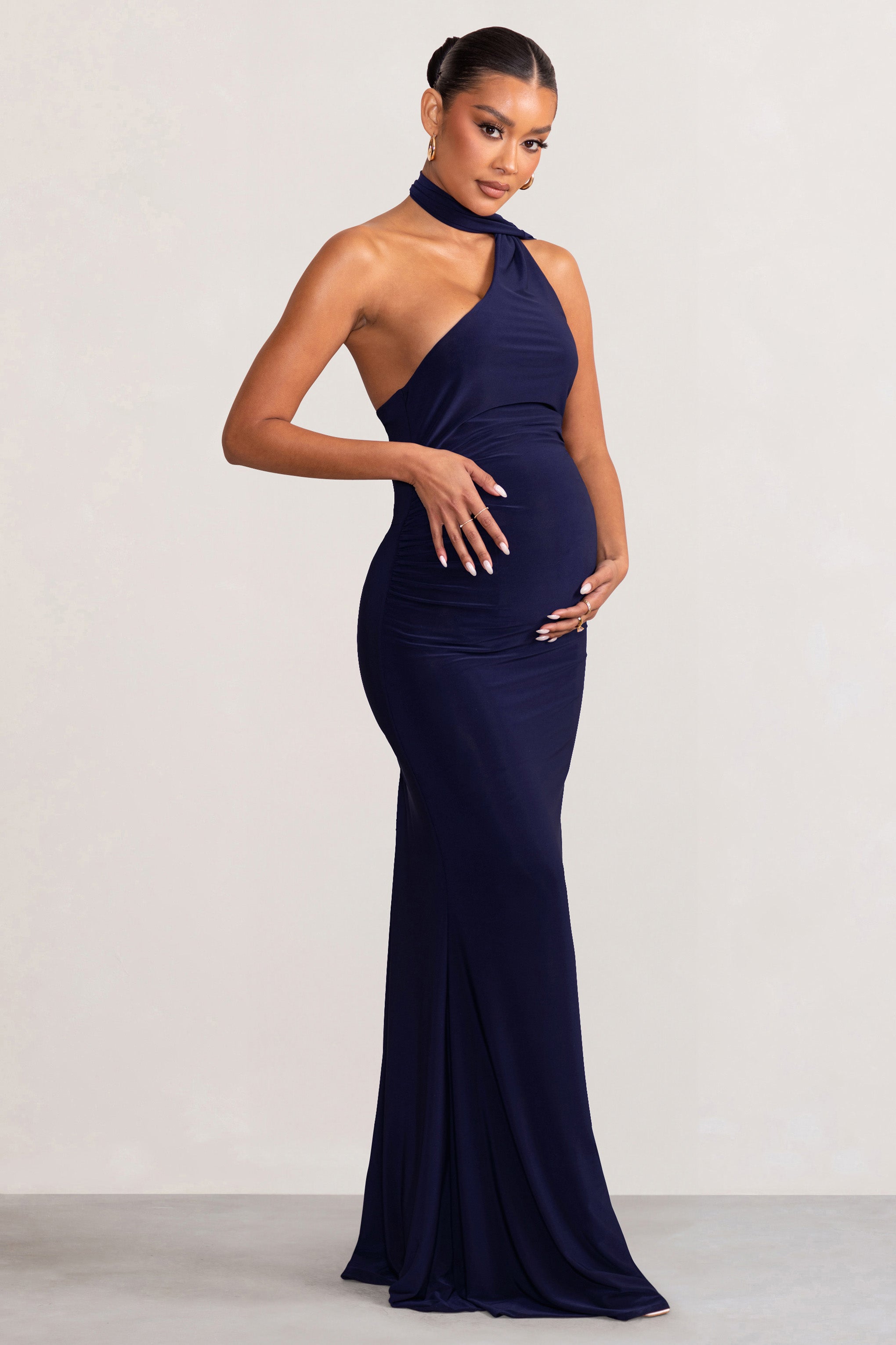 Alula Navy Maternity Asymmetric Maxi Dress with Cape Detailing-Fashionmomo.All Rights Reserved