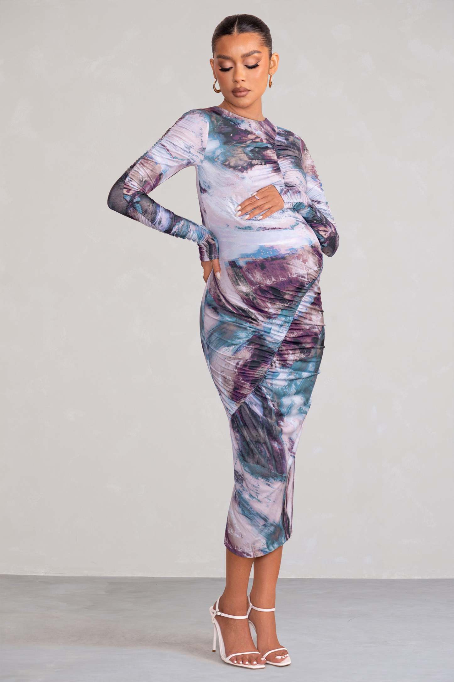Cait Multi Print Bodycon Maternity Midi Dress-Fashionmomo.All Rights Reserved
