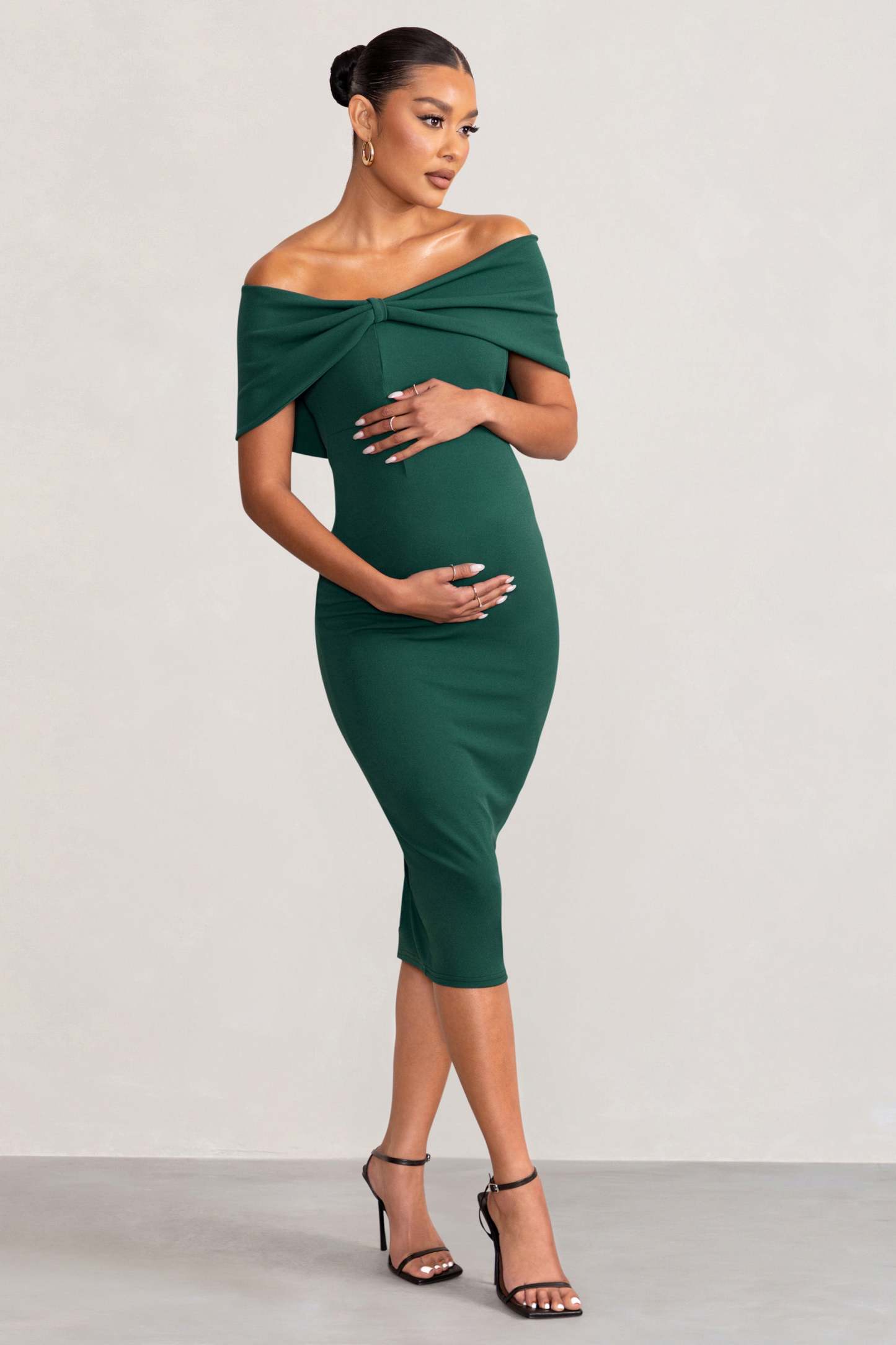 Alyssa Bottle Green Bardot Bow Maternity Midi Dress with Ruching-Fashionmomo.All Rights Reserved