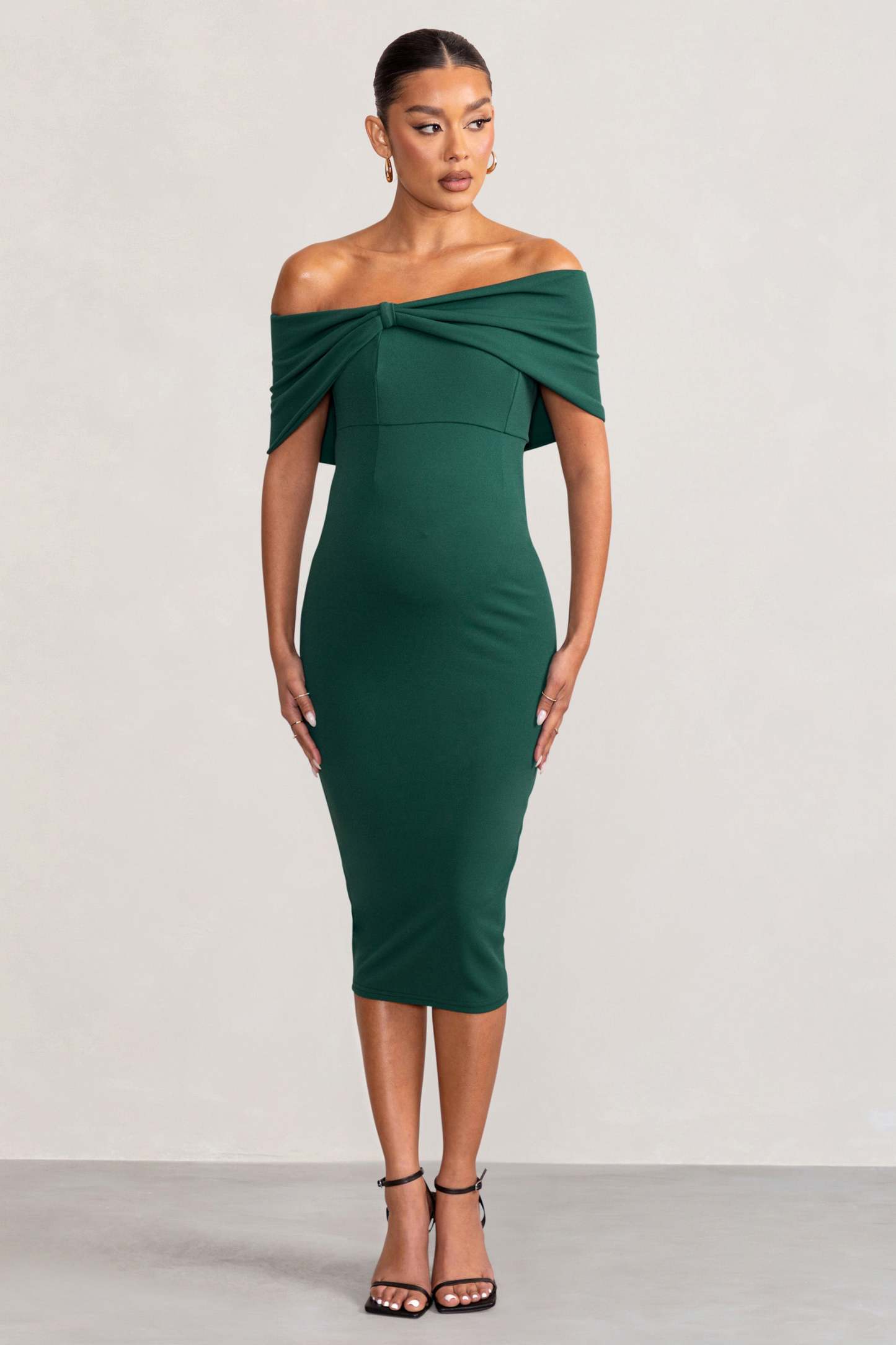 Alyssa Bottle Green Bardot Bow Maternity Midi Dress with Ruching-Fashionmomo.All Rights Reserved
