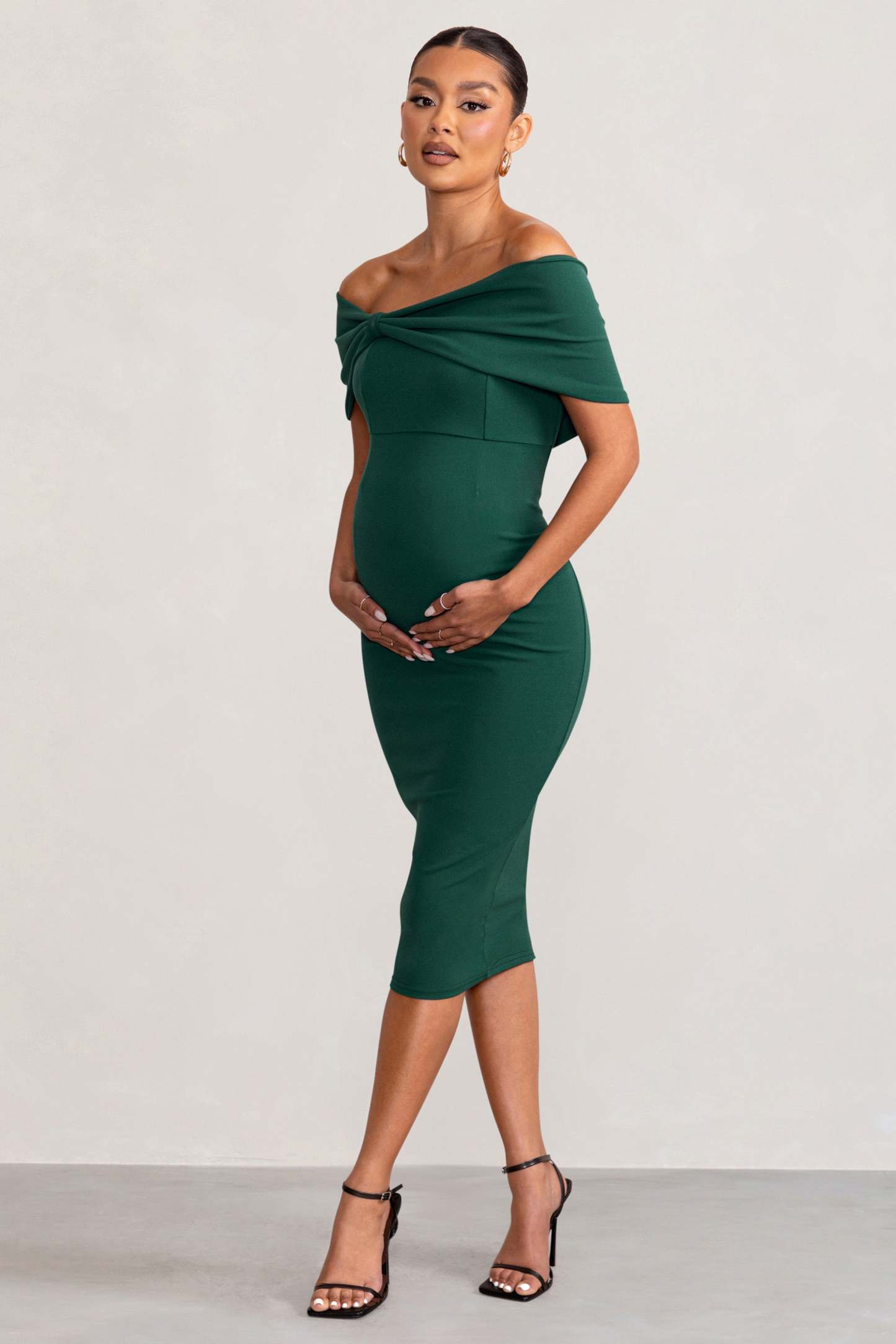 Alyssa Bottle Green Bardot Bow Maternity Midi Dress with Ruching-Fashionmomo.All Rights Reserved