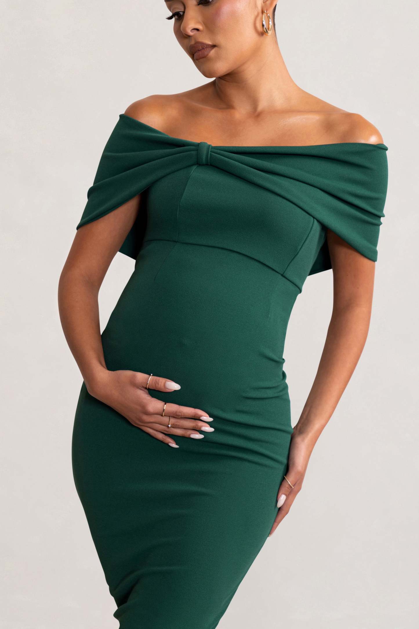 Alyssa Bottle Green Bardot Bow Maternity Midi Dress with Ruching-Fashionmomo.All Rights Reserved