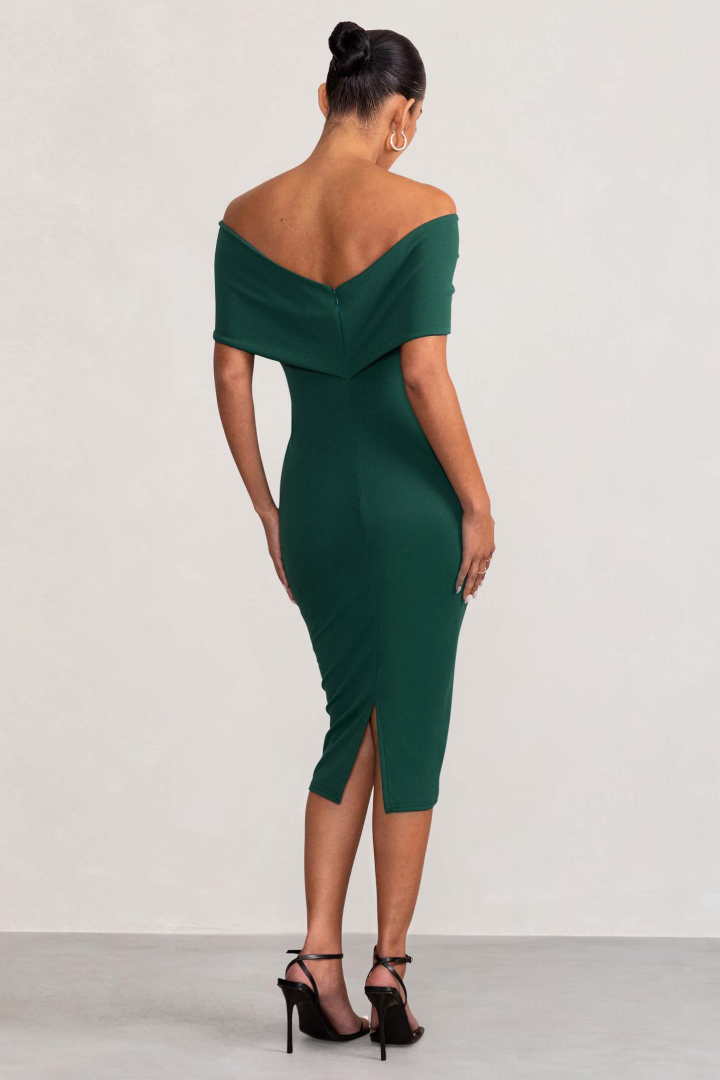 Alyssa Bottle Green Bardot Bow Maternity Midi Dress with Ruching-Fashionmomo.All Rights Reserved